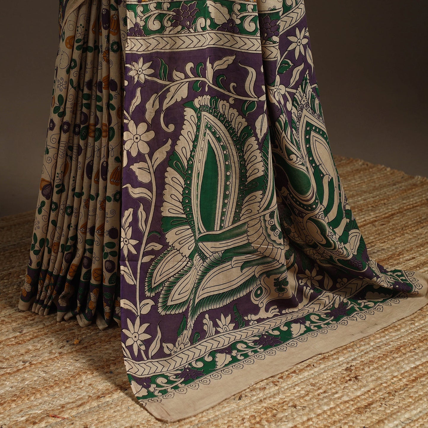 Printed cotton kalamkari saree 08 - handcrafted