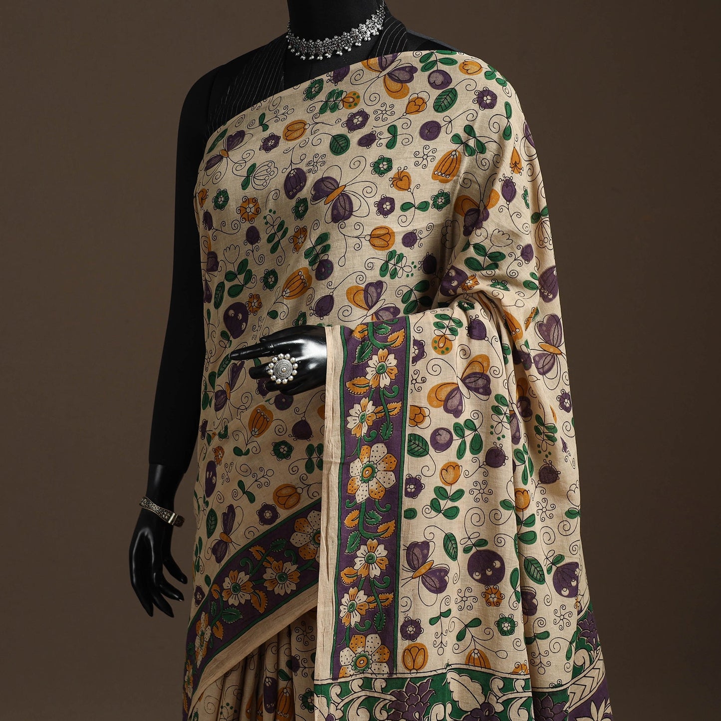 Printed cotton kalamkari saree 08 - handcrafted