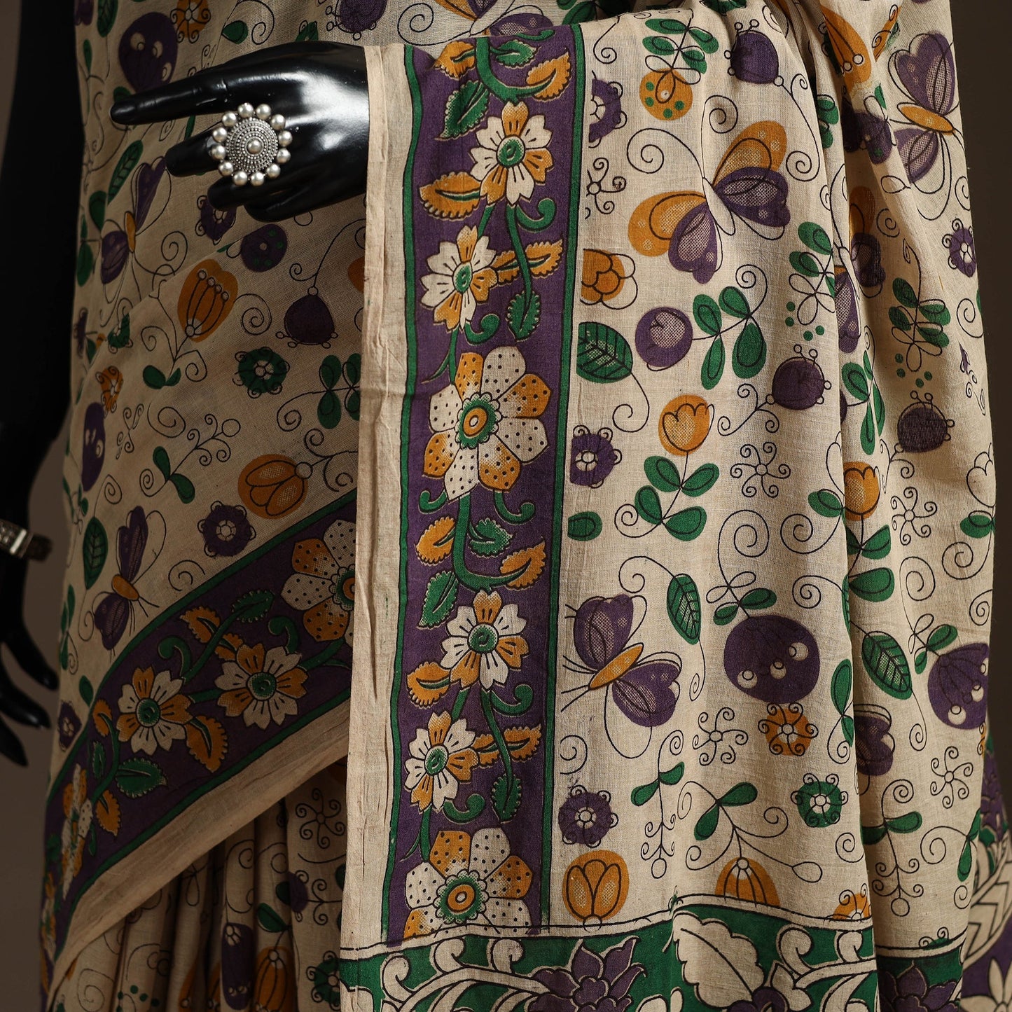 Printed cotton kalamkari saree 08 - handcrafted