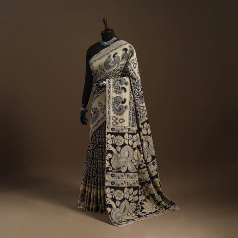 Beige - printed cotton kalamkari saree 11 - handcrafted