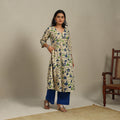Beige Printed Cotton A-Line Kalamkari Kurta