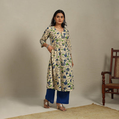 Beige Printed Cotton A-Line Kalamkari Kurta