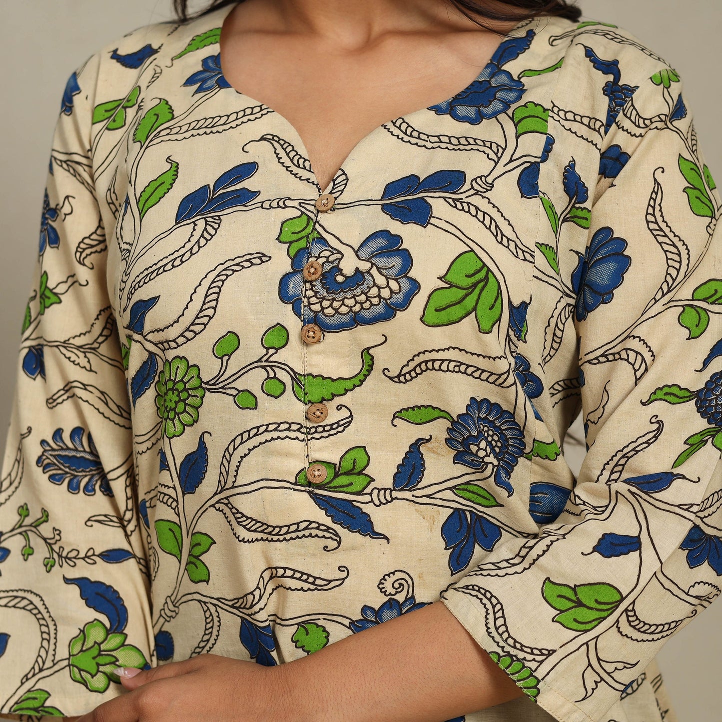 Beige Printed Cotton A-Line Kalamkari Kurta