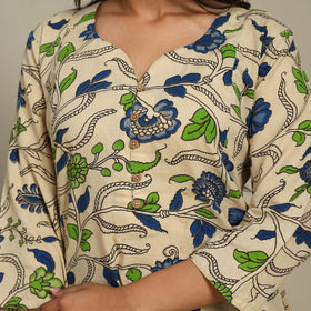 Beige Printed Cotton A-Line Kalamkari Kurta