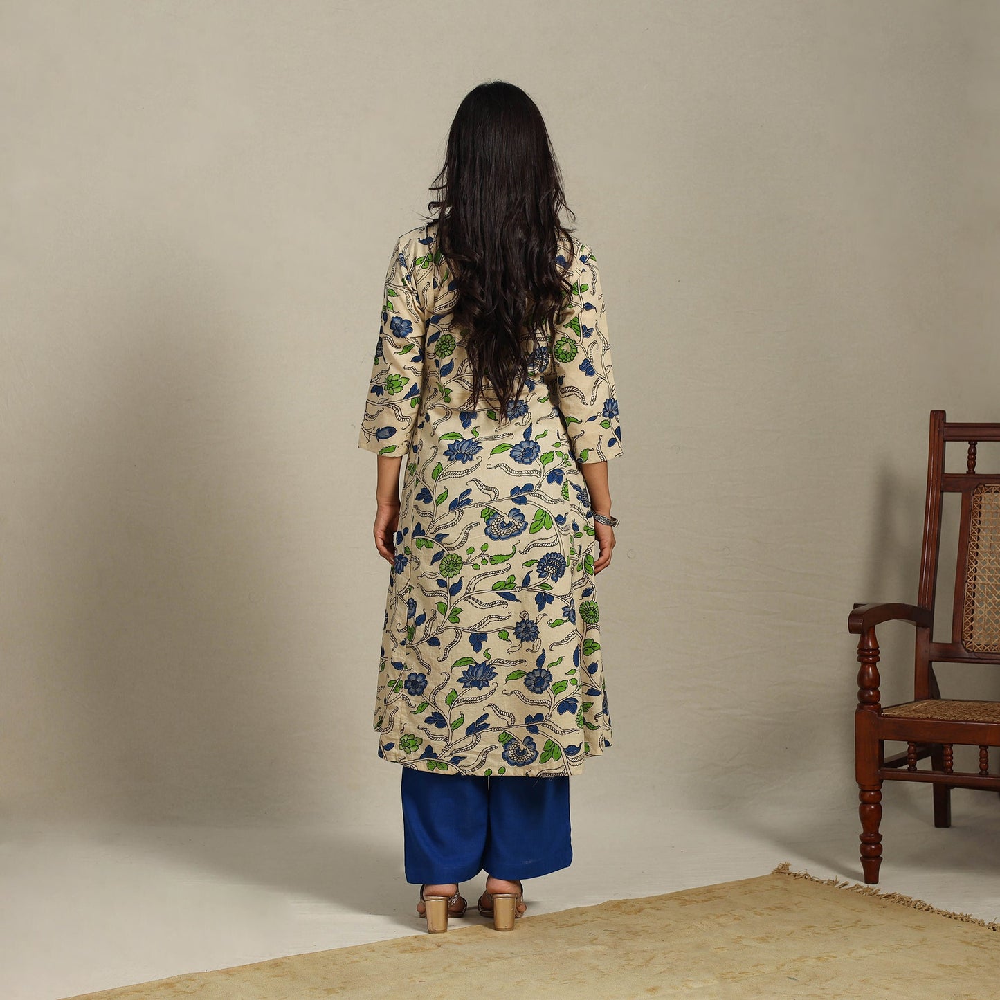 Beige Printed Cotton A-Line Kalamkari Kurta
