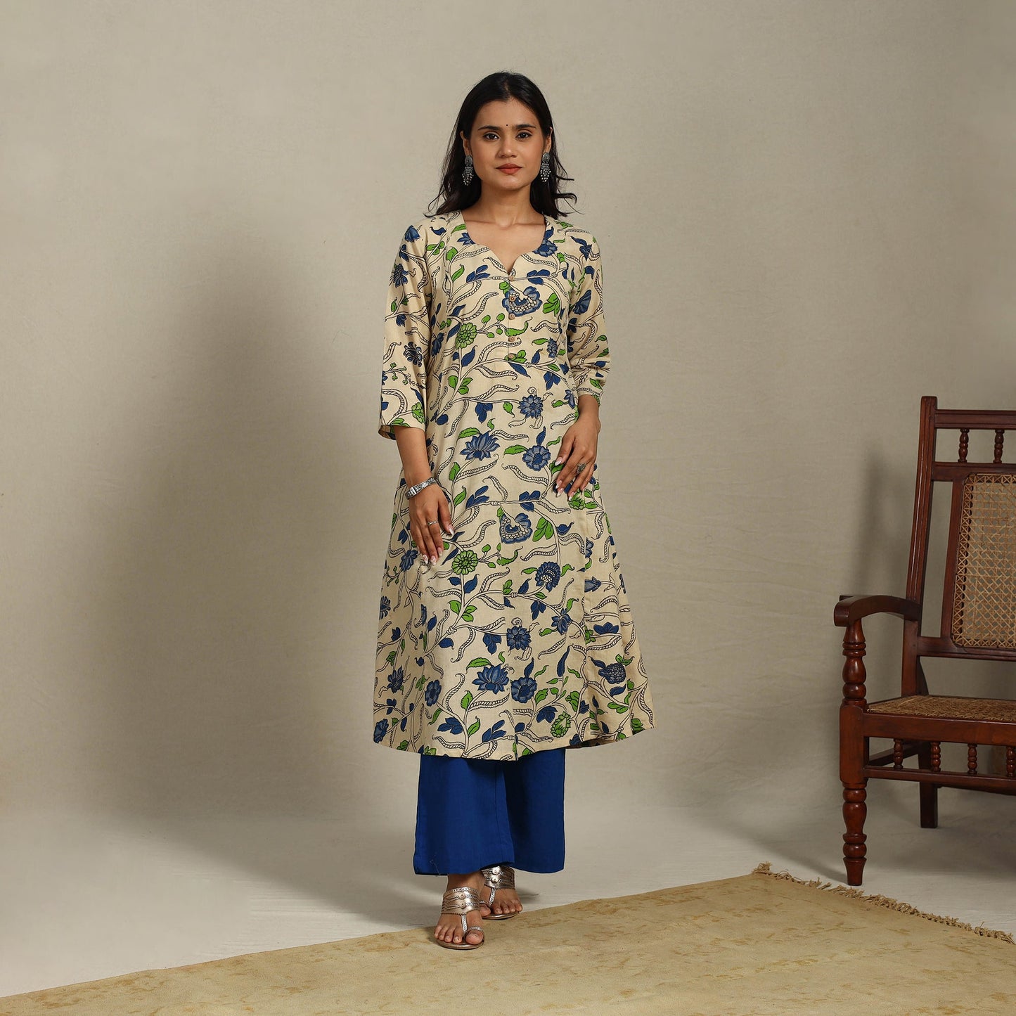 Beige Printed Cotton A-Line Kalamkari Kurta