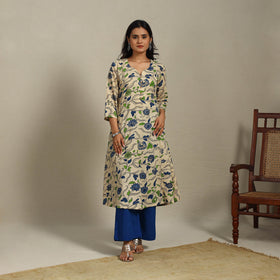 Beige Printed Cotton A-Line Kalamkari Kurta