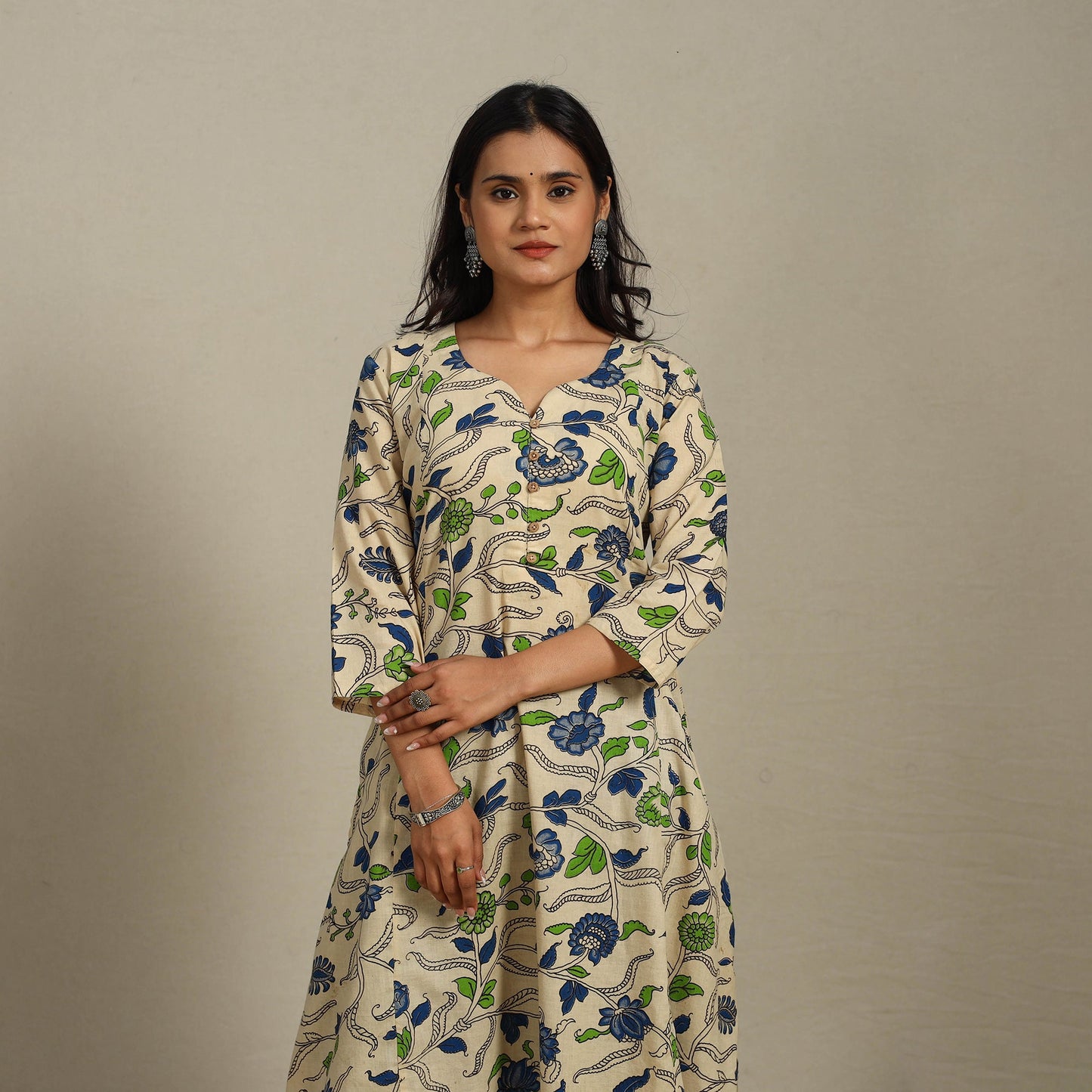 Beige Printed Cotton A-Line Kalamkari Kurta