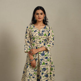 Beige Printed Cotton A-Line Kalamkari Kurta