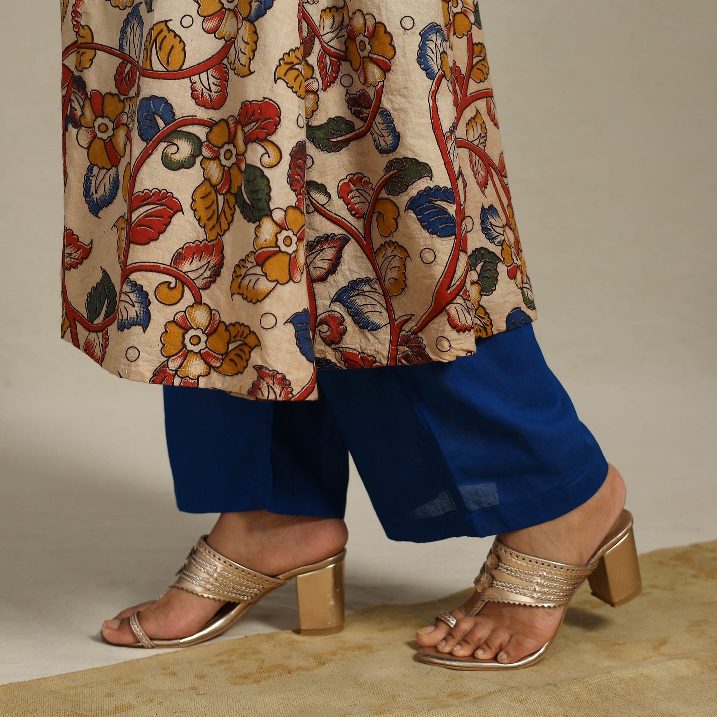 Beige Printed Cotton A-Line Kalamkari Kurta with Embroidery