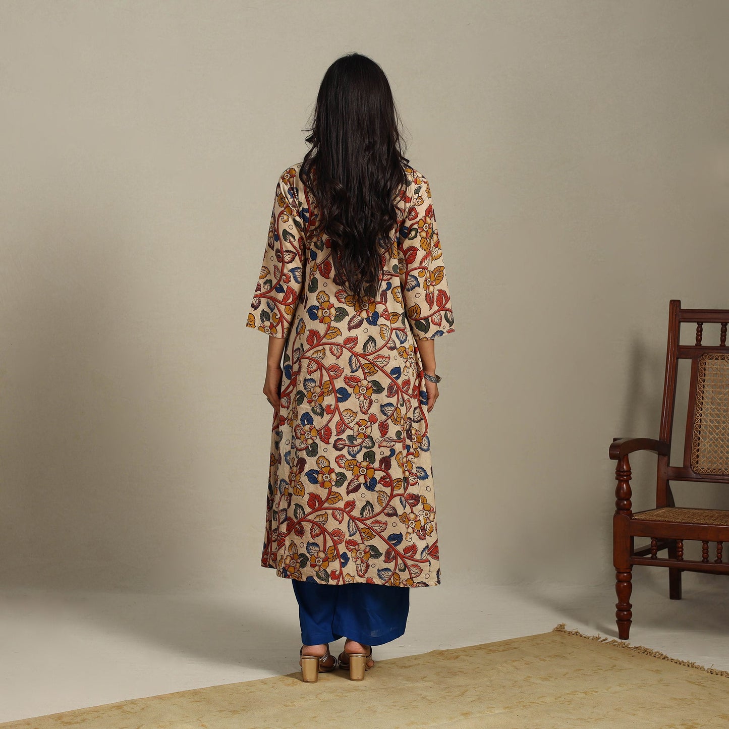 Beige Printed Cotton A-Line Kalamkari Kurta with Embroidery