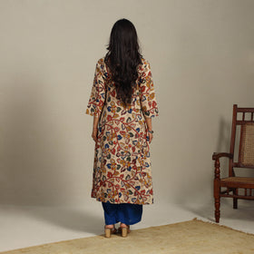 Beige Printed Cotton A-Line Kalamkari Kurta with Embroidery