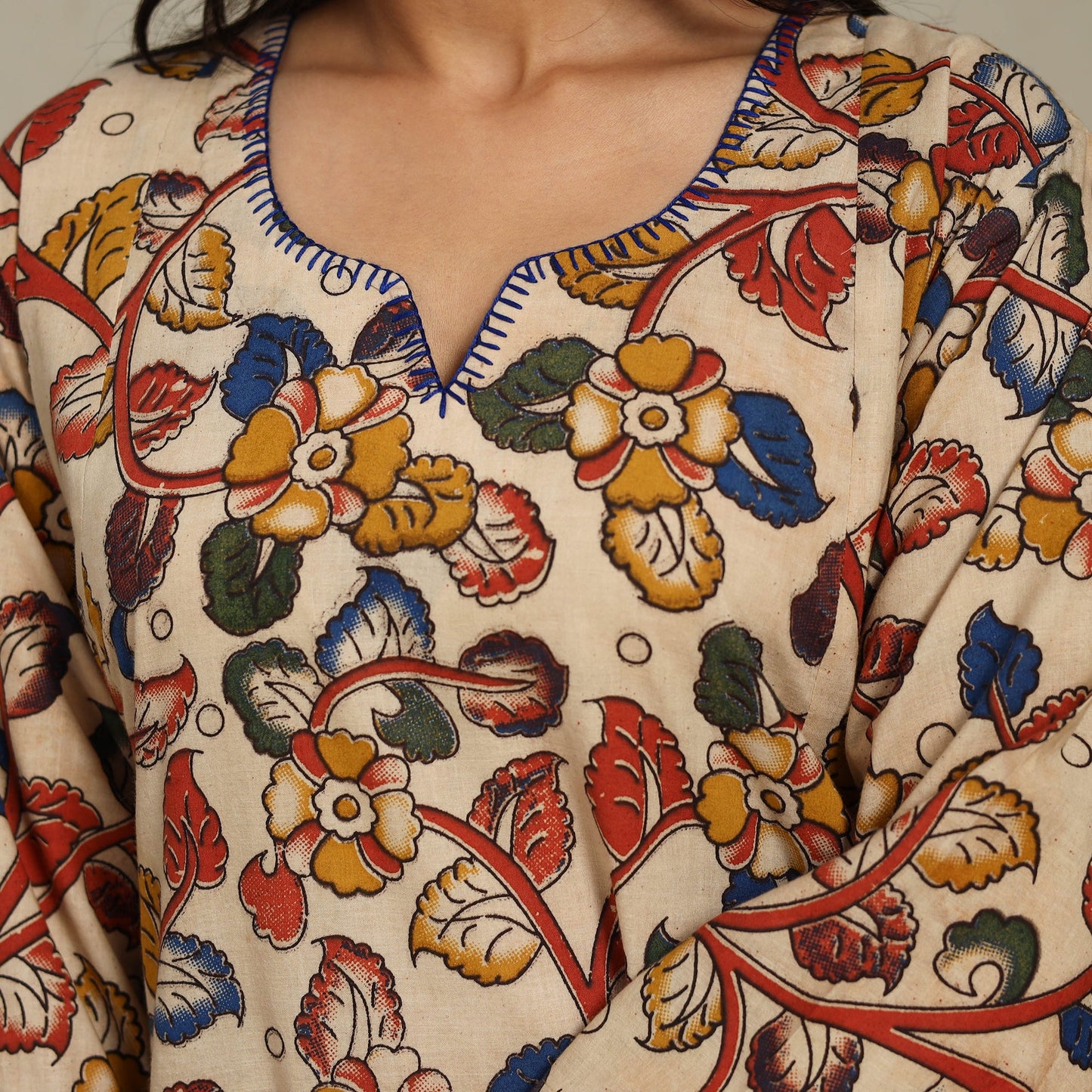 Beige Printed Cotton A-Line Kalamkari Kurta with Embroidery