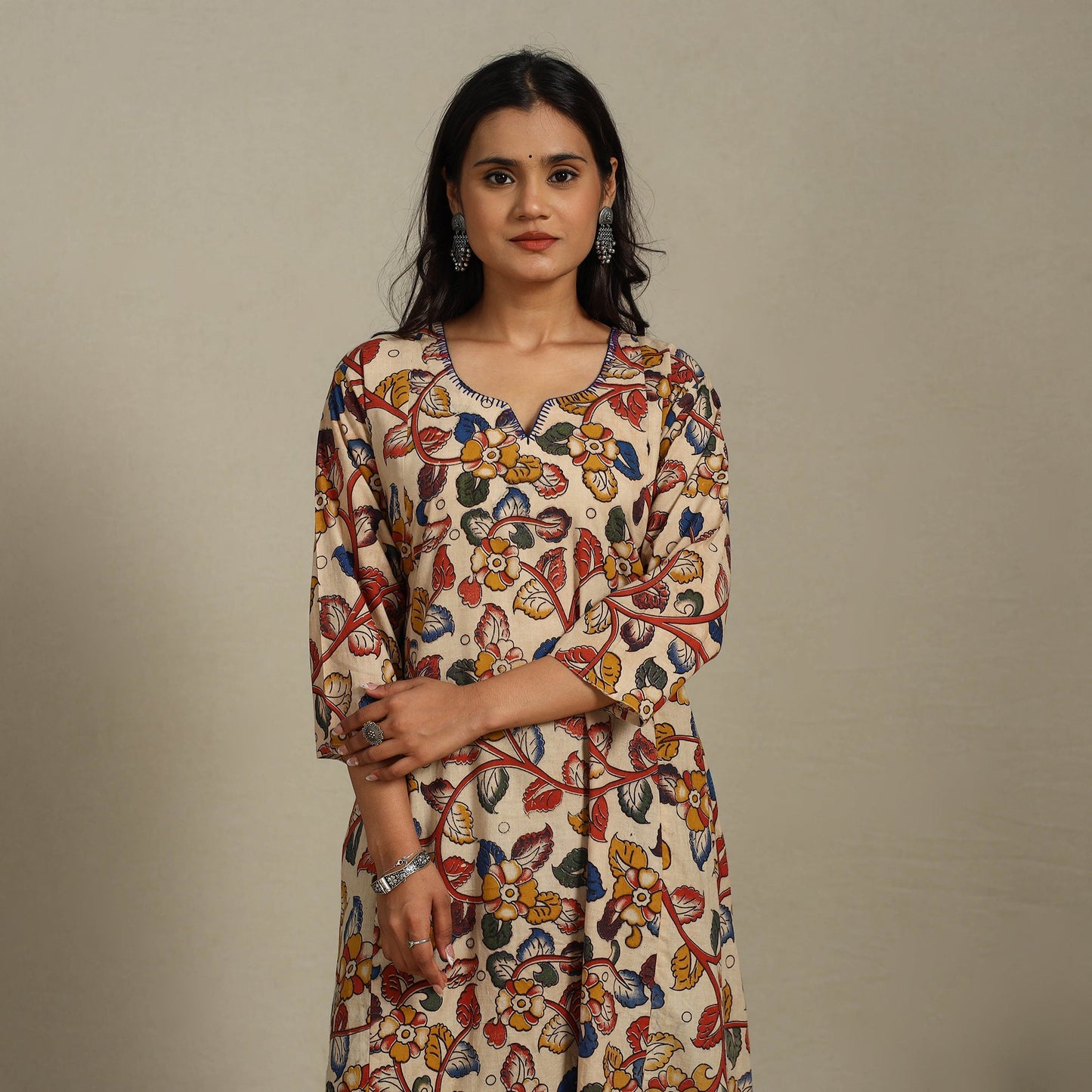 Beige Printed Cotton A-Line Kalamkari Kurta with Embroidery