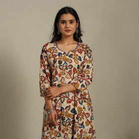 Beige Printed Cotton A-Line Kalamkari Kurta with Embroidery