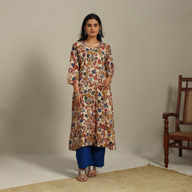 Beige Printed Cotton A-Line Kalamkari Kurta with Embroidery