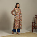 Beige Printed Cotton A-Line Kalamkari Kurta with Embroidery