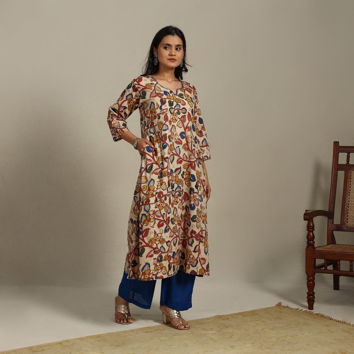 Beige Printed Cotton A-Line Kalamkari Kurta with Embroidery
