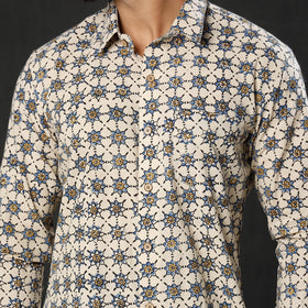 Beige Ajrakh Block Printed Cotton Men Full Sleeve Shirt
