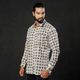 Beige Ajrakh Block Printed Cotton Men Full Sleeve Shirt