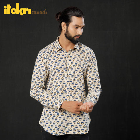 Ajrakh Block Printed Cotton Men Full Sleeve Shirt