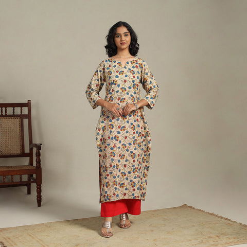 Beige Printed Cotton Straight Kalamkari Kurta