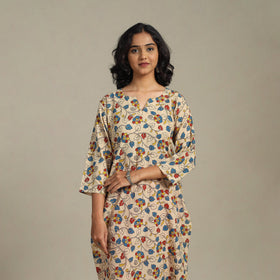 Beige Printed Cotton Straight Kalamkari Kurta