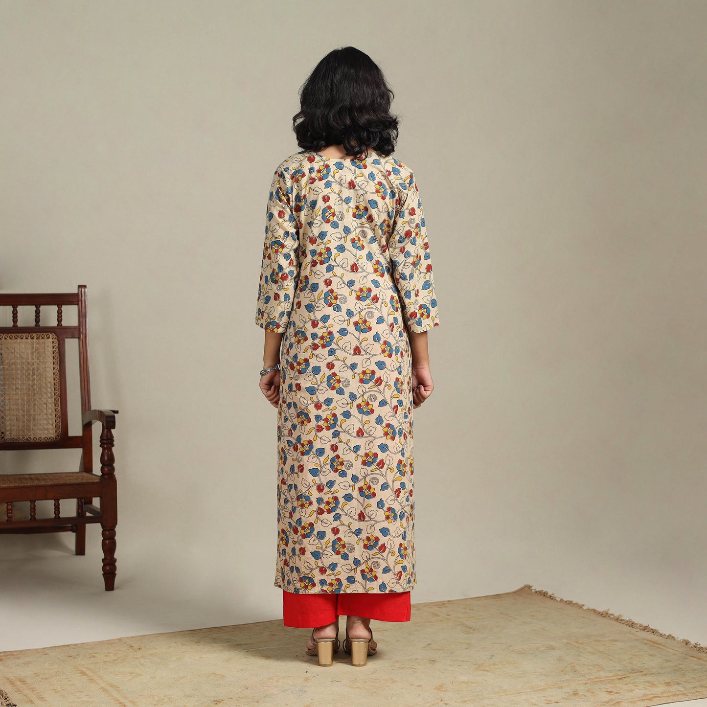 Beige Printed Cotton Straight Kalamkari Kurta