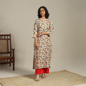 Beige Printed Cotton Straight Kalamkari Kurta