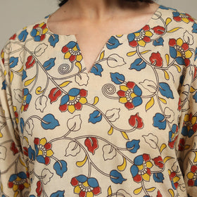 Beige Printed Cotton Straight Kalamkari Kurta