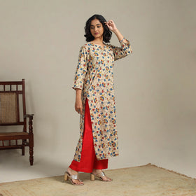 Beige Printed Cotton Straight Kalamkari Kurta