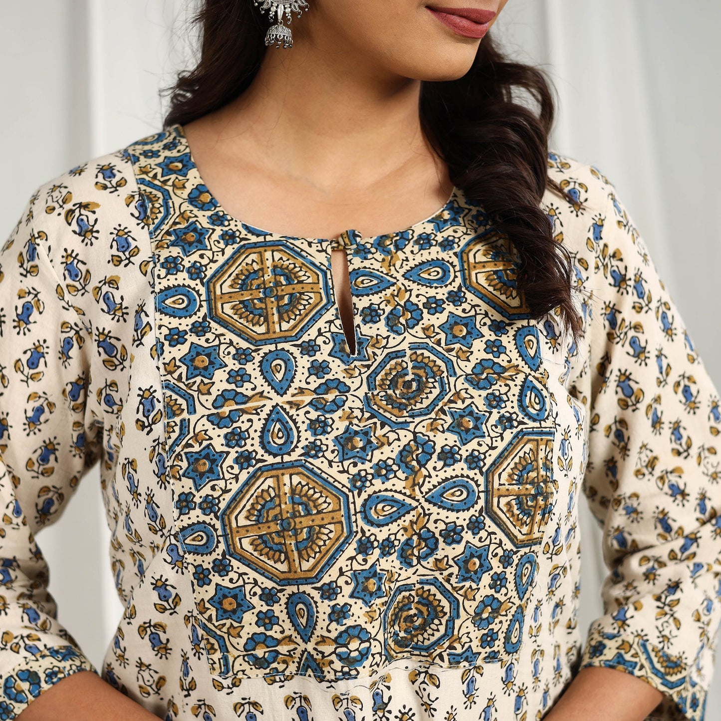 Beige Block Printed Cotton Straight Ajrakh Kurta for Women