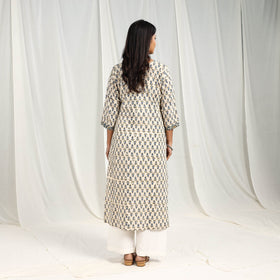 Beige Block Printed Cotton Straight Ajrakh Kurta for Women