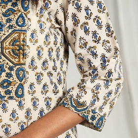 Beige Block Printed Cotton Straight Ajrakh Kurta for Women