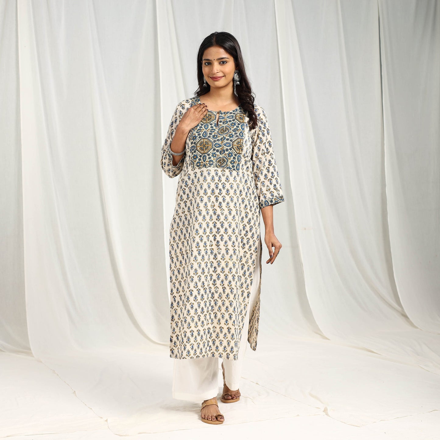 Beige Block Printed Cotton Straight Ajrakh Kurta for Women