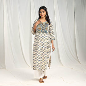 Beige Block Printed Cotton Straight Ajrakh Kurta for Women