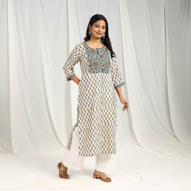 Beige Block Printed Cotton Straight Ajrakh Kurta for Women