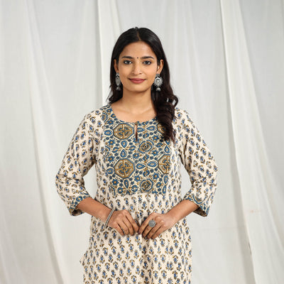 Beige Block Printed Cotton Straight Ajrakh Kurta for Women