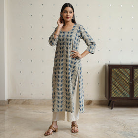 Beige Block Printed Cotton Straight Ajrakh Kurta for Women