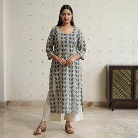 Beige Block Printed Cotton Straight Ajrakh Kurta for Women