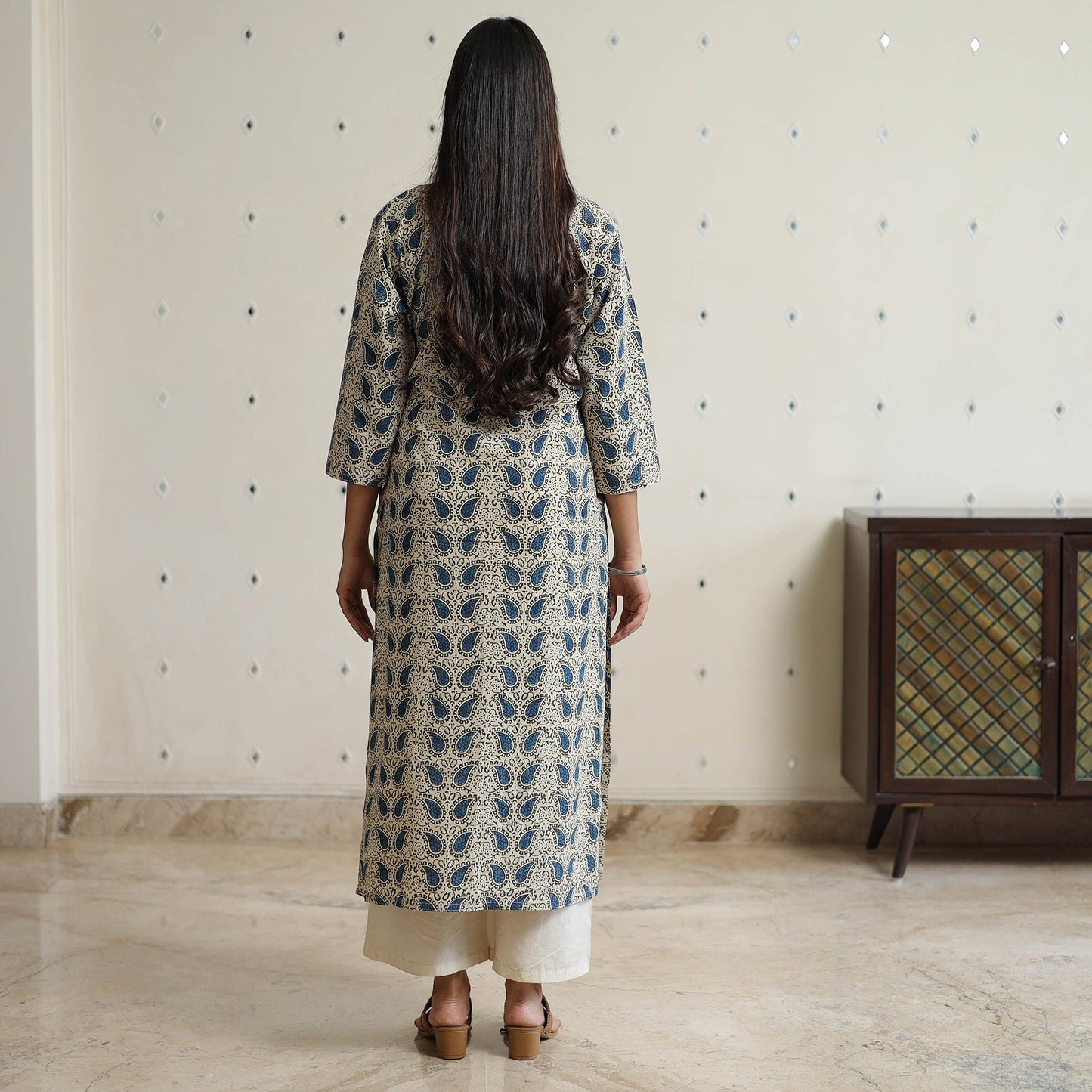 Beige Block Printed Cotton Straight Ajrakh Kurta for Women