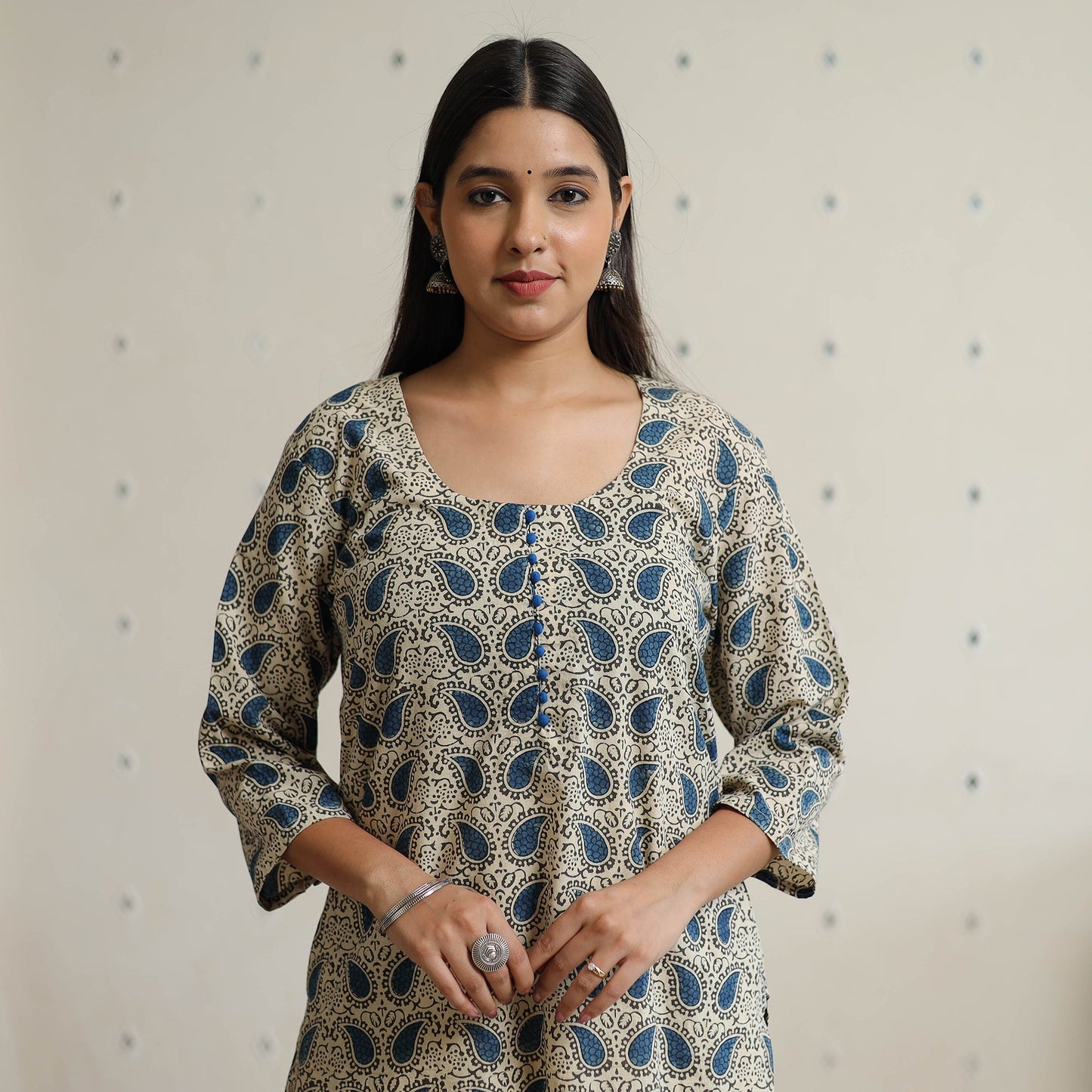 Beige Block Printed Cotton Straight Ajrakh Kurta for Women