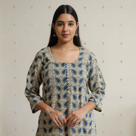 Beige Block Printed Cotton Straight Ajrakh Kurta for Women