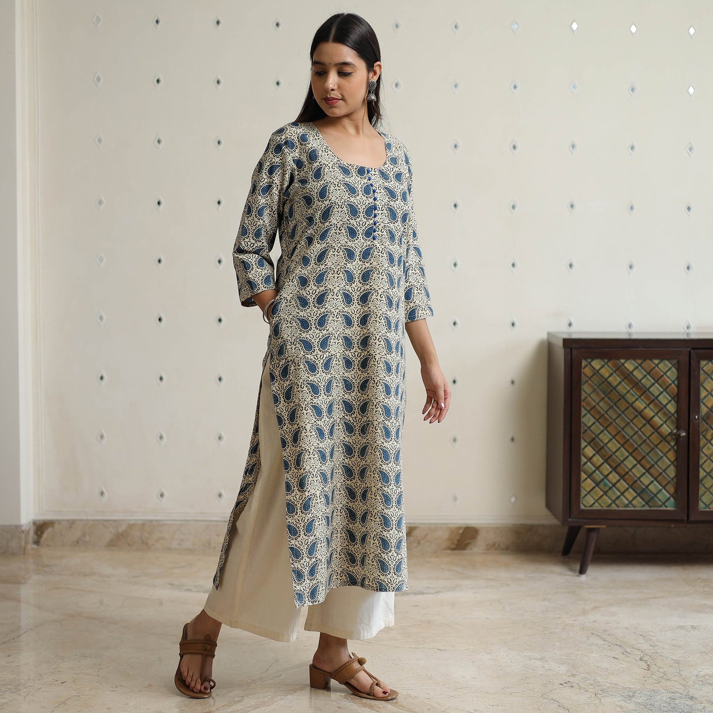 Beige Block Printed Cotton Straight Ajrakh Kurta for Women