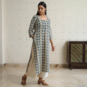Beige Block Printed Cotton Straight Ajrakh Kurta for Women