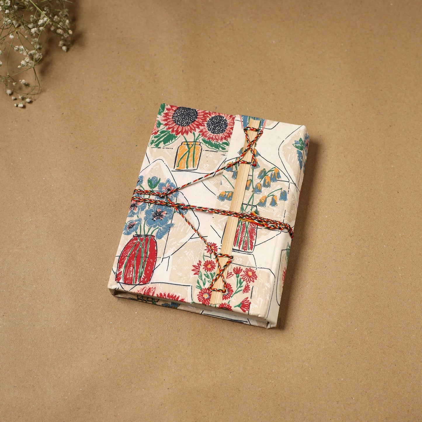 Printed fabric cover handmade paper notebook with thread