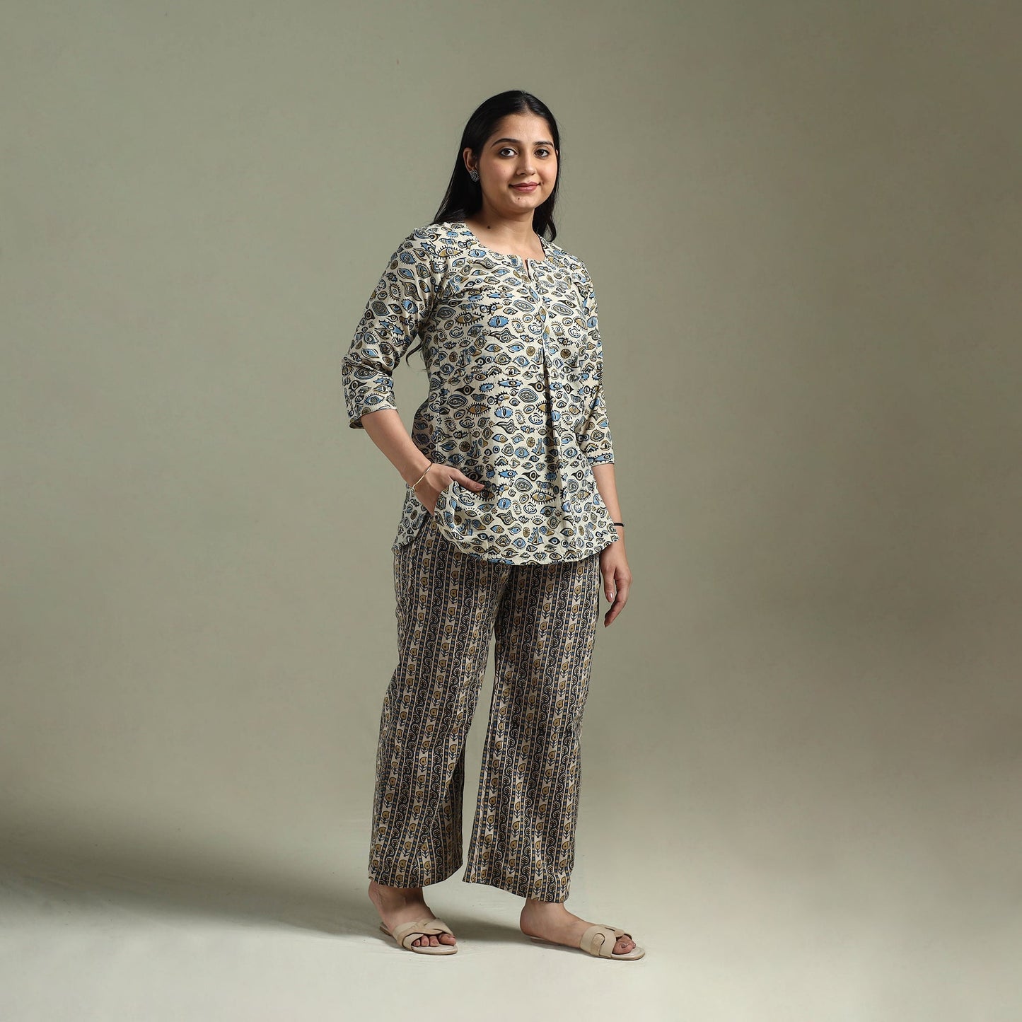 Pure cotton natural dyed ajrakh hand block print night suit