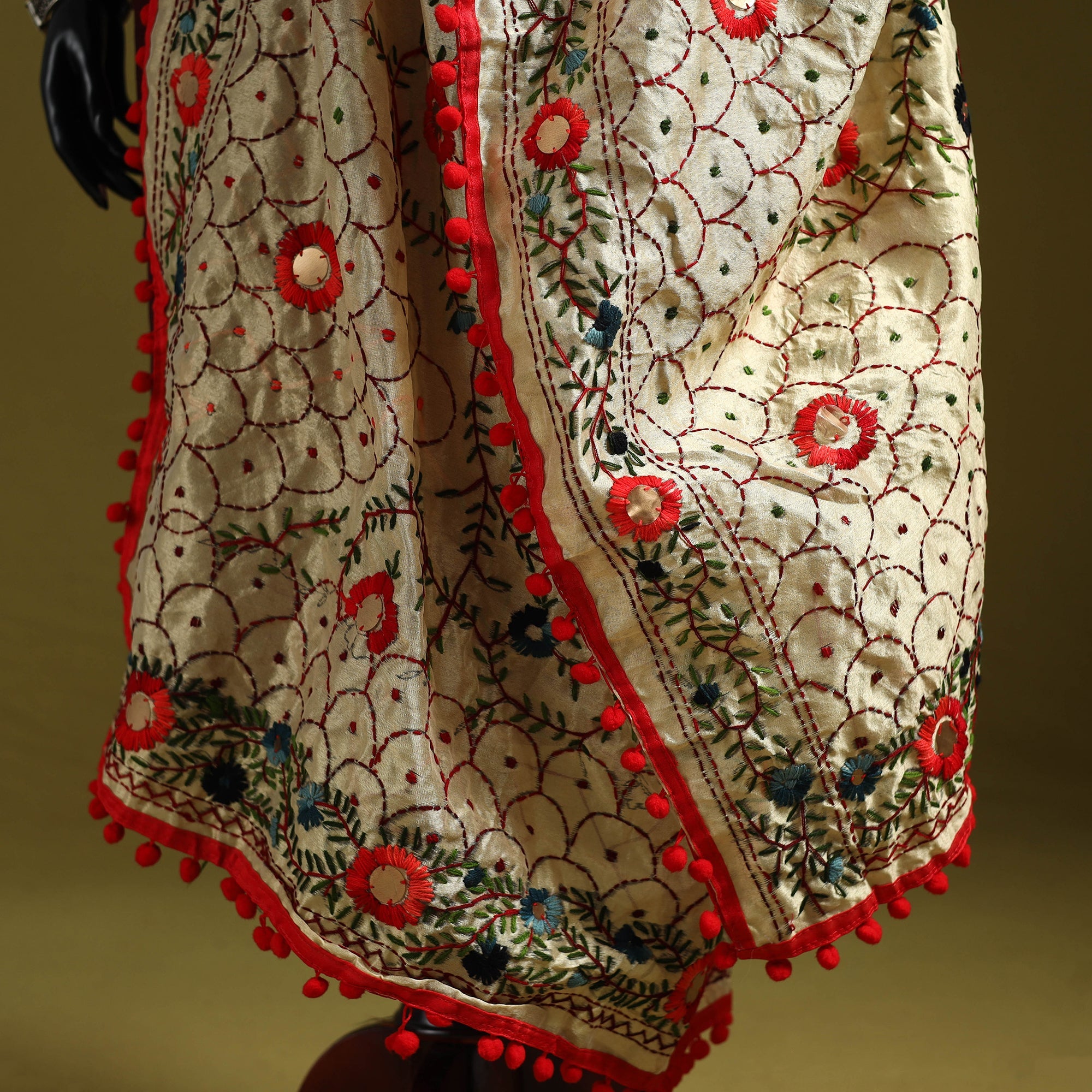 Hand Chapa Beige Ranihati Chapa Work Chanderi Silk Hand Embroidery Dupatta
