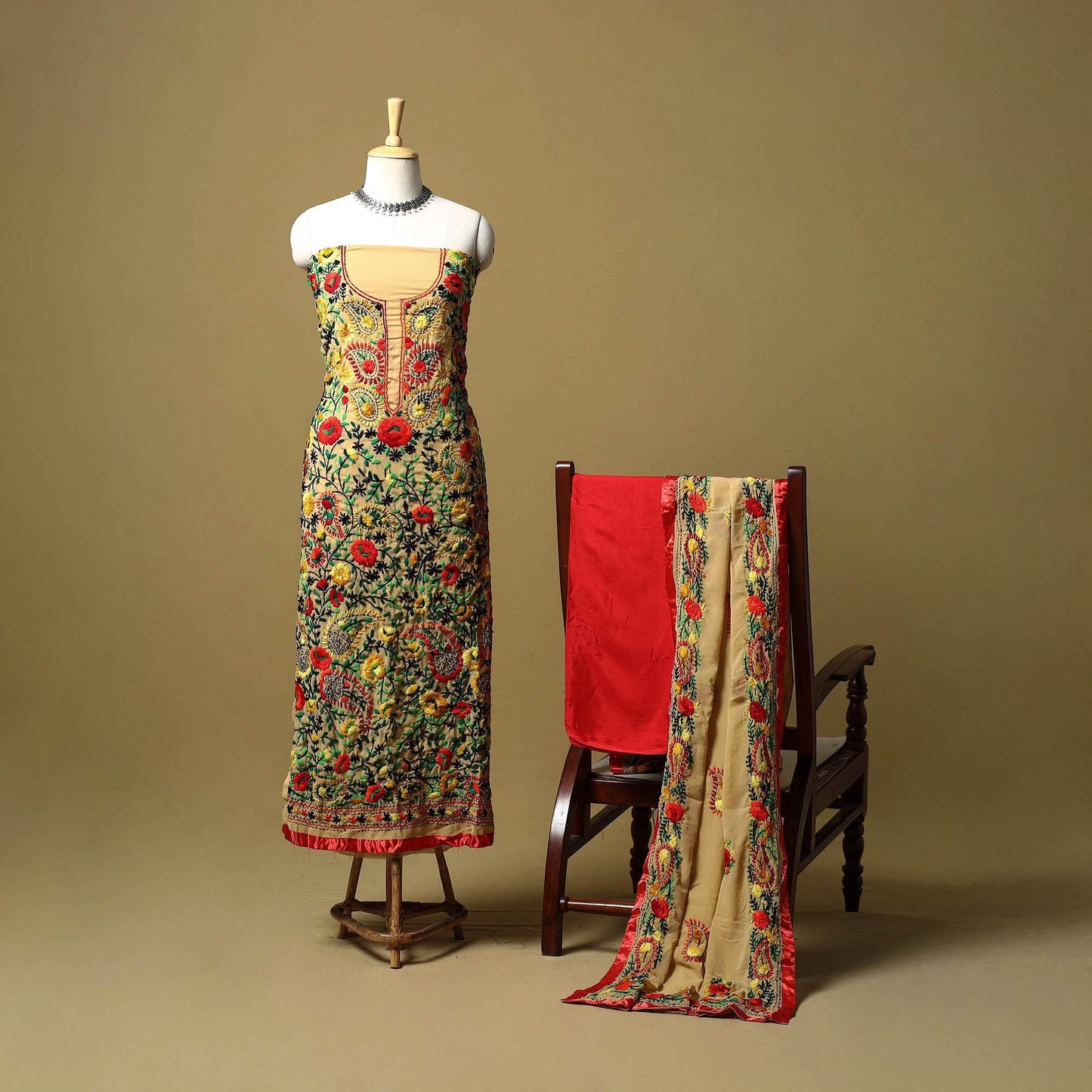 Brown - ranihati chapa work hand embroidery georgette 3pc