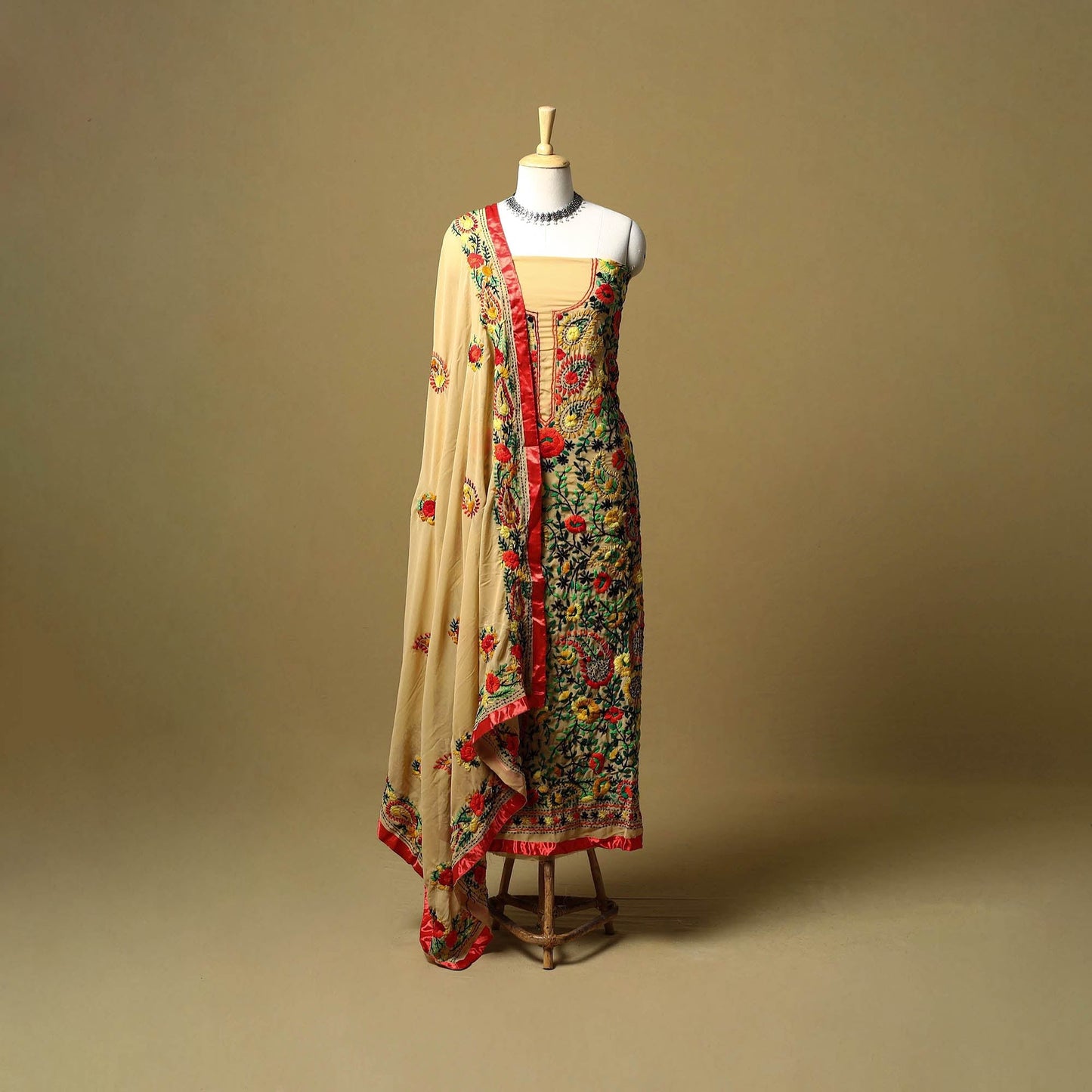 Brown - ranihati chapa work hand embroidery georgette 3pc